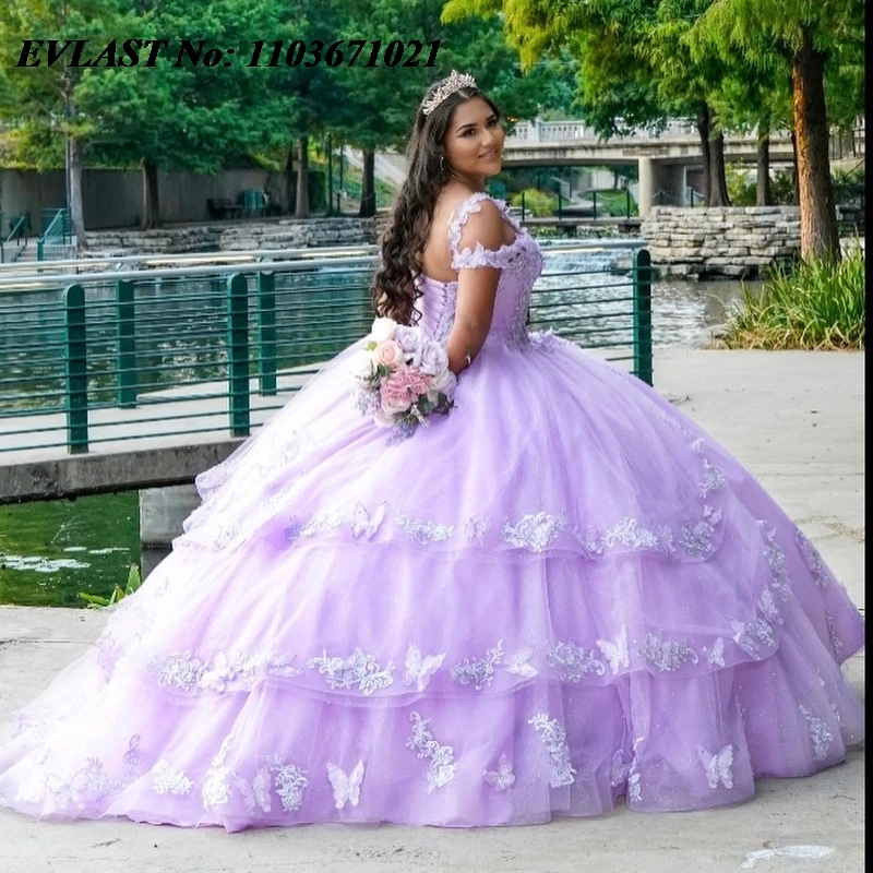 Блестящее Сиреневое платье EVLAST Quinnceanera, бальное платье, Кружевная аппликация, бусины, многоярусный мексиканский корсет, милое 16, платья для 15 лет SQ534