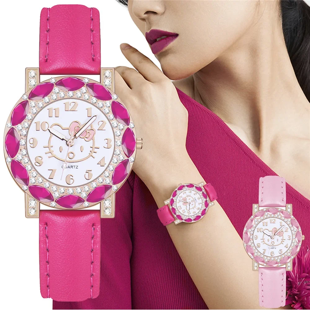 Sanrio Cartoon Hello kitty Quartz Watch Cute Fashion Imitation Gemstone Decoration Student Watch Suitable for Girls Holiday Gift