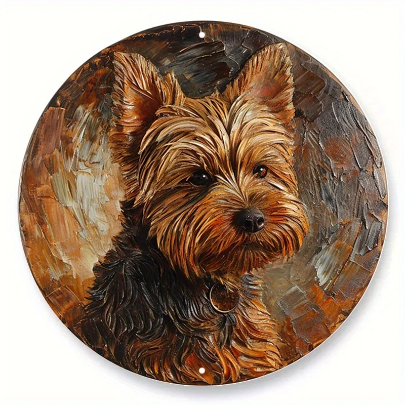 

Spring Aluminum Metal Sign Faux Woodblock Print Circular Wreath Sign Living Room Decoration Yorkshire Terrier Themed Decoration