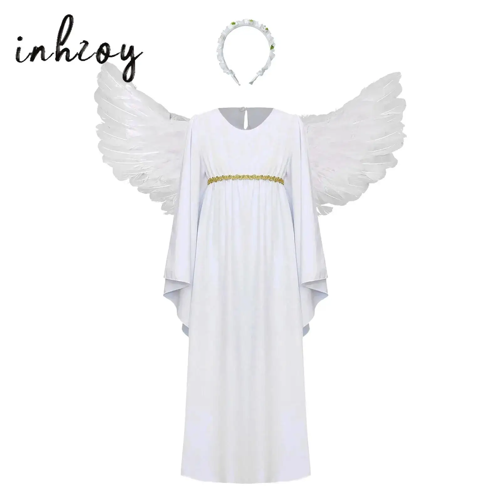 

Sweet Girls Angel Costume Outfits Kids White Fancy Princess Church Robes Angel Dress with Feather Wings Headband Dress Up Set