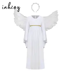 Sweet Girls Angel Costume Outfits Kids White Fancy Princess Church Robes Angel Dress+Feather Wings+Headband Dress Up 3Pcs Set