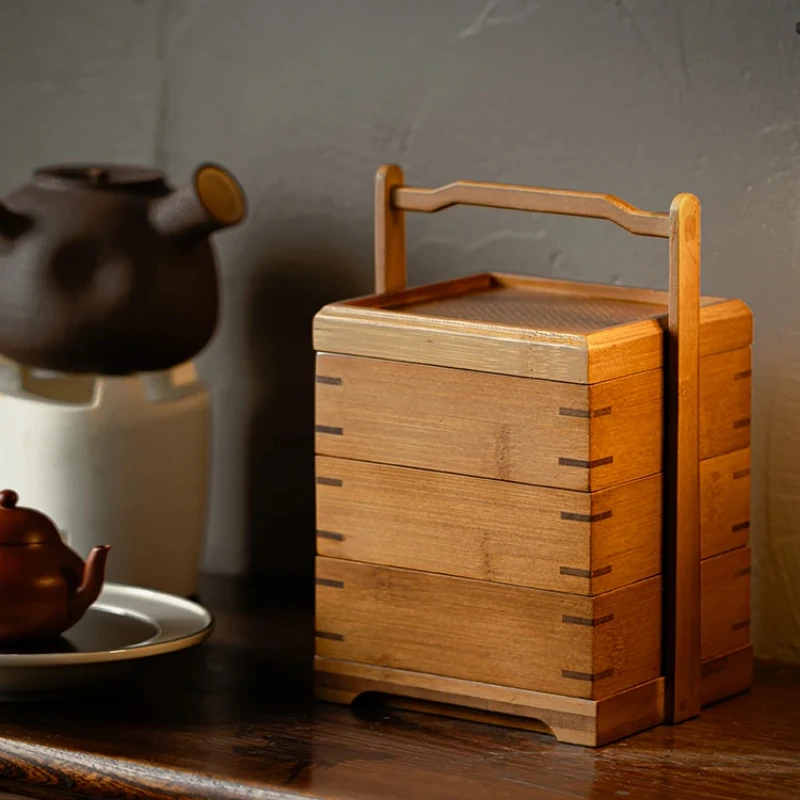 Retro Bamboo Storage Basket Traditional Chinese Fruit and Tea Food Container Portable Tea Set Box for Cultural Tea Ceremony