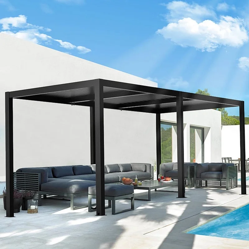 Outdoor Motorized Louver Pergola Garden Buildings Balcony Waterproof Aluminum Patio Cover LED Lights Rain Gutters Remote Control