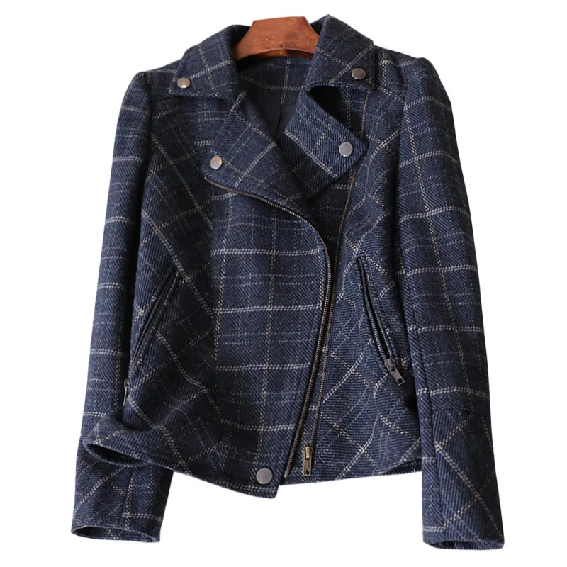 Chic Plaid Short Jackets Women Navy Blue Slim Woolen Office Lady Casual Biker Vintage Outwear Coat