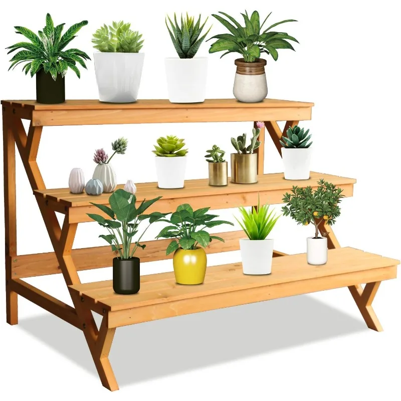 

3 Tier Wood Plant Stand Indoor Outdoor, Ladder Large Multi Tiered Plant Holder, Wooden, Display Storage Shelf,