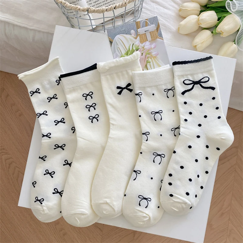 5/10 Pairs Women Bow Tie Mid Leg Socks Floral Lace Border Decoration Lightweight Breathable Soft Comfortable Casual Socks