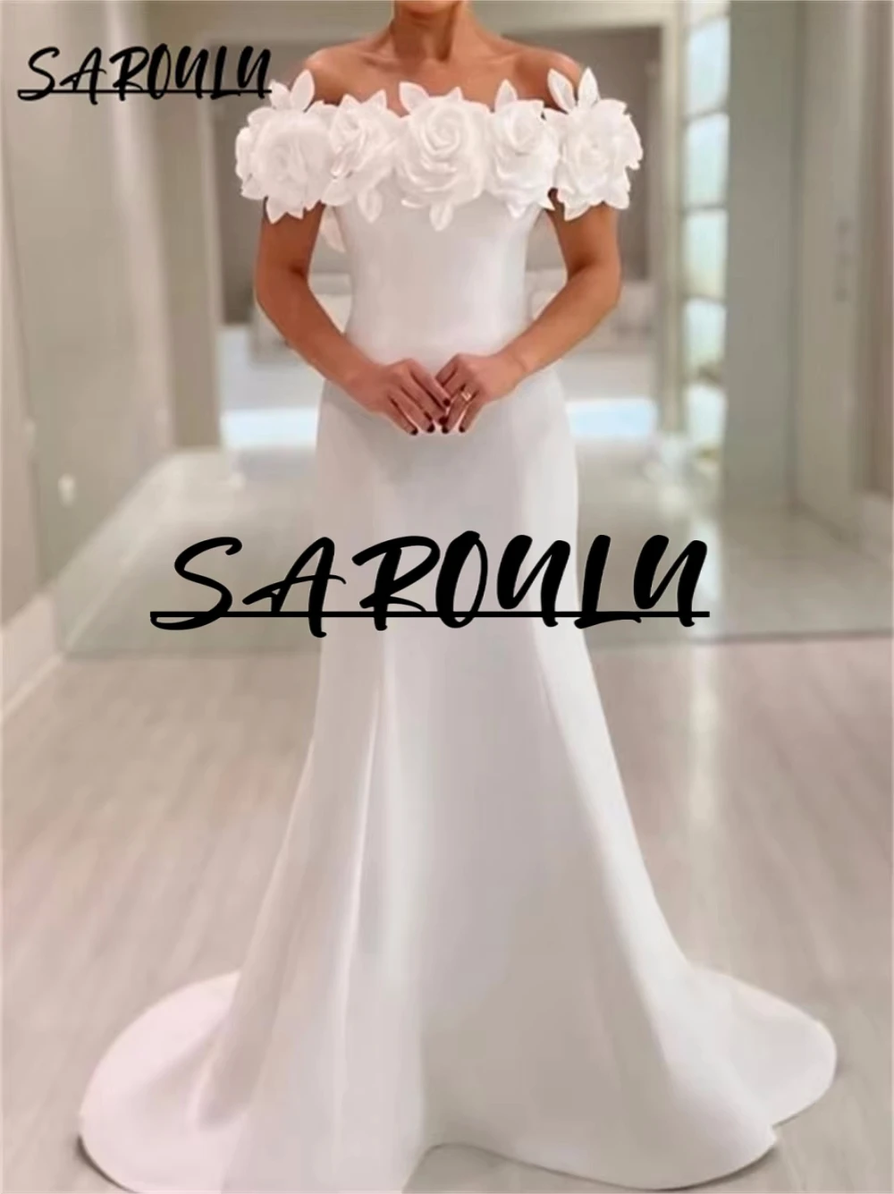 

Elegant Floral Shoulder Bride Dress Customized Satin Wedding Dresses Mermaid Sweep Train Women's Bridal Gown for Modern Wedding