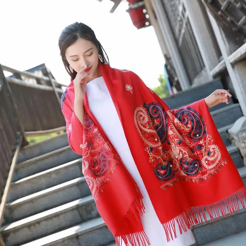 

Thiened Cotton Linen Scarf Women's Autumn Winter Long Sle Warmth Faux eep Embroidered Floral Print Eth Pattern