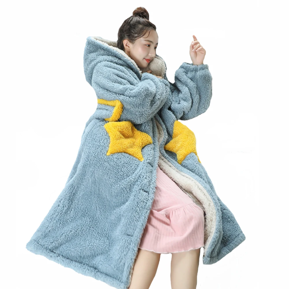 

Winter Thick Warm Flannel Sleepwear Long Nightdress Women Nightgown Ladies Hooded Loose Plush Bathrobe Cute Girls Night Dress