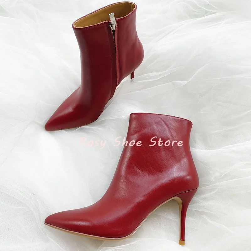 

Vivid Red Leather Sexy Pointed Toe Women's Ankle Boots Concise Side Zipper Stiletto Short Boots Autumn Weddings Festive Boots