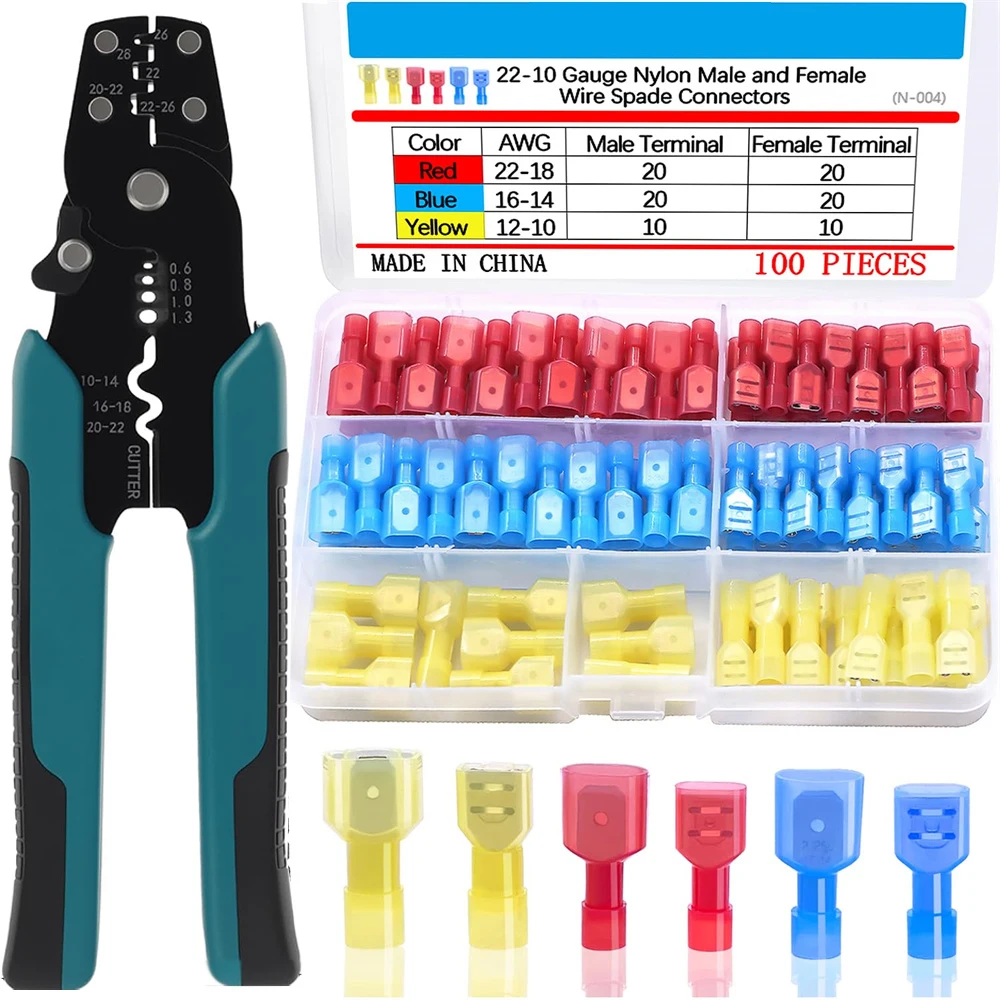 

100PCS Nylon Spade Connectors Kit 22-10 AWG Quick Disconnect Fully Insulated Male Female Wire Spade Terminal with Crimper Tool