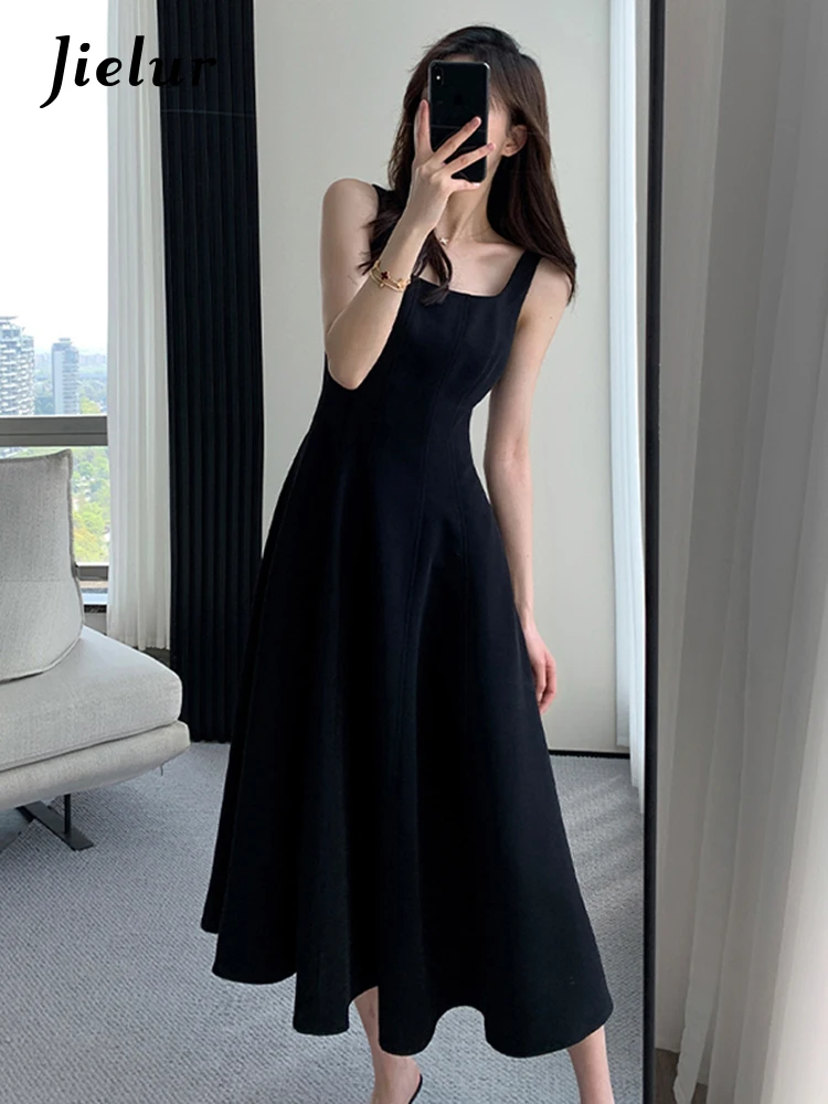 Jielur French Style Black Spaghetti Strap Female Dresses Summer Slim Waist Elegant Evening Women's Dresses Birthday Party Dress