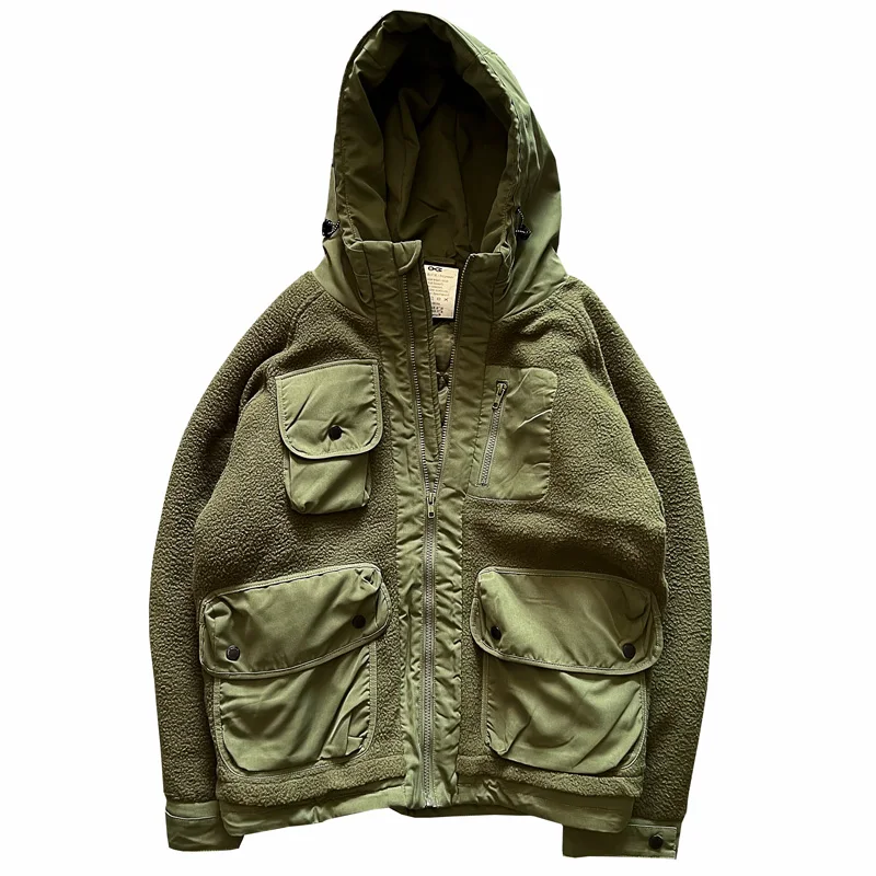 Autumn Winter Cotton Jacket for Men Spliced Fleece Multi Pocket Workwear Outdoor Assault Suit Hooded Casual Thick Tops Coats