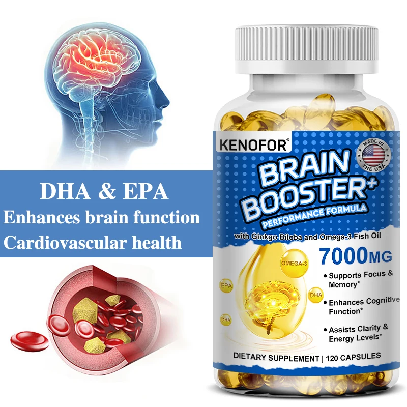Brain Booster - with Ginkgo Biloba, Omega 3 Fish Oil DHA & EPA - for Enhanced Brain Function and Cardiovascular Health Support