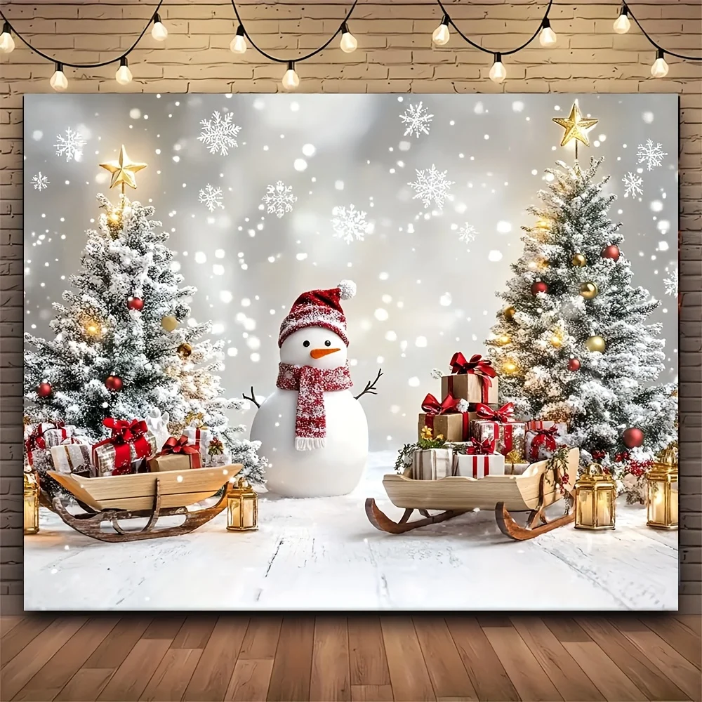 Fondo del país de las maravillas de invierno - Diseño de muñeco de nieve, pino y copo de nieve, con efecto de luz de cuento de hadas parpadeante - poliéster