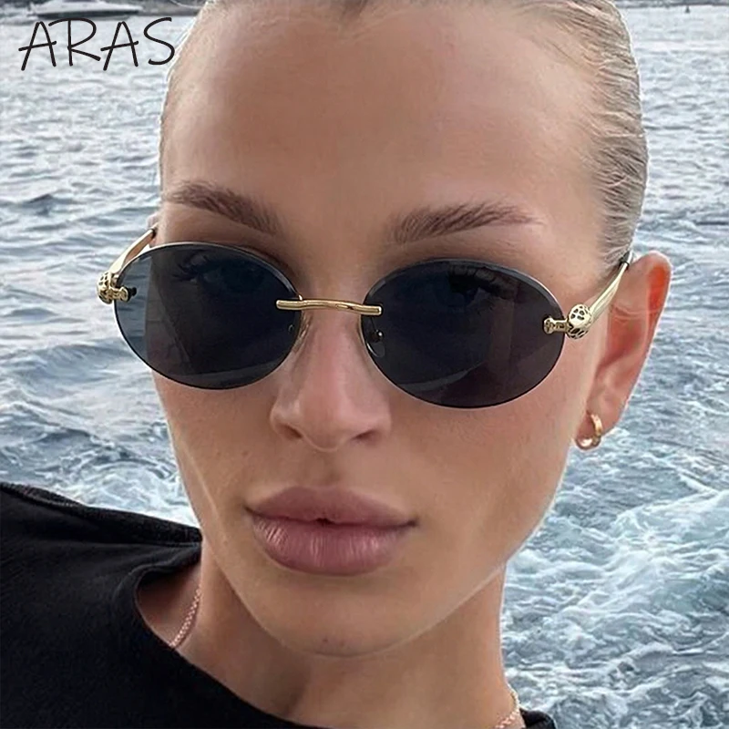 

Vintage Oval Rimless Sunglasses Women 2026 Luxury Brand Leopard Head Gold Metal Frame Eyewear For Lady Retro Frameless Shades