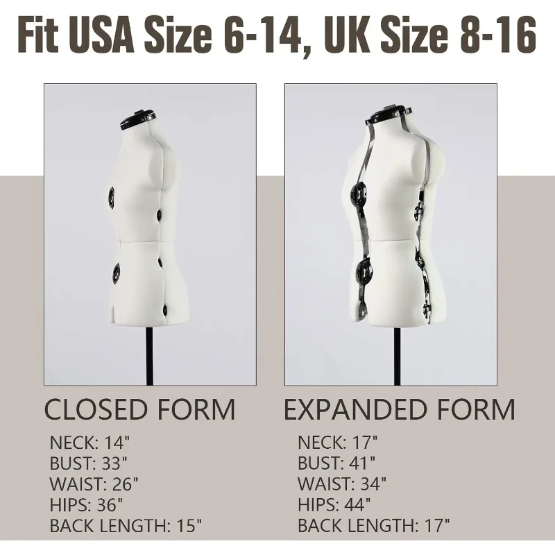 Beige Adjustable Dress Form Mannequin for Sewing Female Size 6-14, Pinnable Model Body with 13 Dials, Detachable Casters
