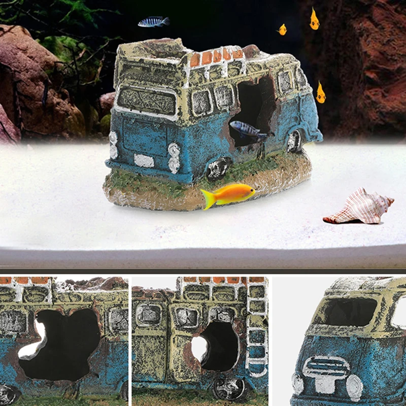 Resin Wreck Car Ornament Fish Shrimp Hiding Cave Shelter Broken Vehicle House Fish Tank Aquarium Landscaping Decorate Accessory