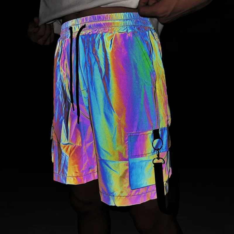 Светоотражающие голографические шорты-карго, мужские 5-дюймовые переливающиеся шорты для спецодежды, летние уличные тактические брюки, уличная одежда для бега, мешковатые