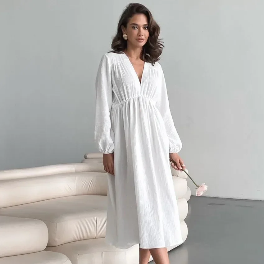 

Women Lounge Dress V Neck Full Sleeve Elastic Waist Midi Dresses A Line Casual Loose Fit Autumn 2023 Ladies Nightgowns