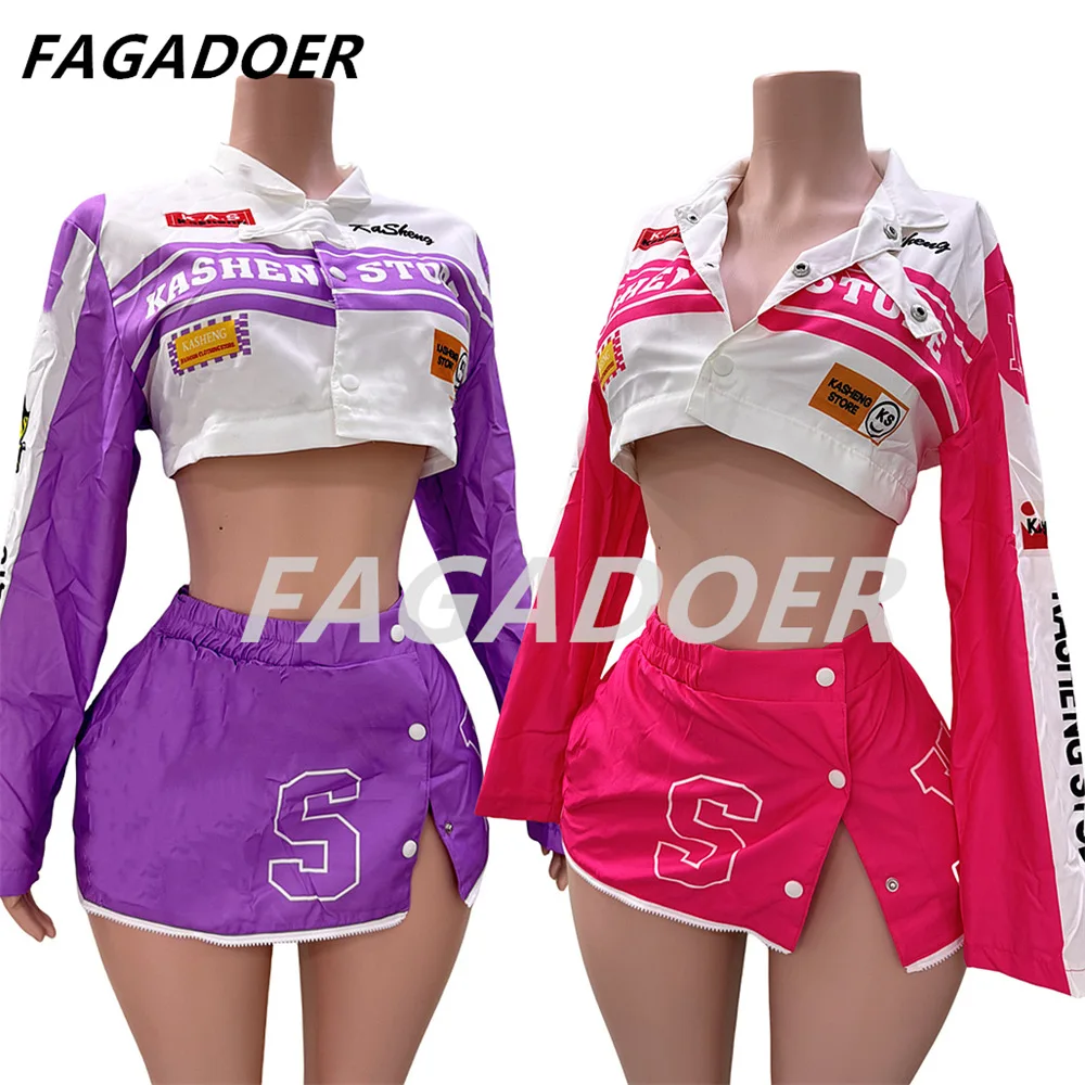 Fagadoer Autumn Y2k 2 Piece Set Women Outfits Detachable Long Sleeve Buttons Baseball Coat + Skirt Suits Cool Girll Streetwear