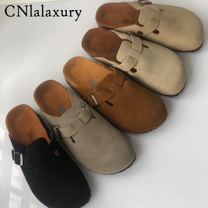 Cnlalaxury New 2023 Original Customized Insole with Blue Words Wide Model Adults Autumn Genuine Leather Shoes Slippers Footed