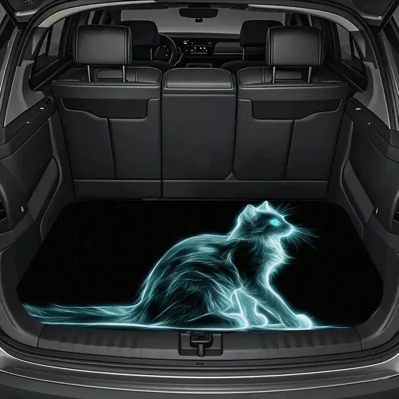 VIKAMA Glowing Blue Cat Car Trunk Mat Non Slip Waterproof SUV Rear Cargo Liner Neon Kitten Animal Auto Decor Protector Mat