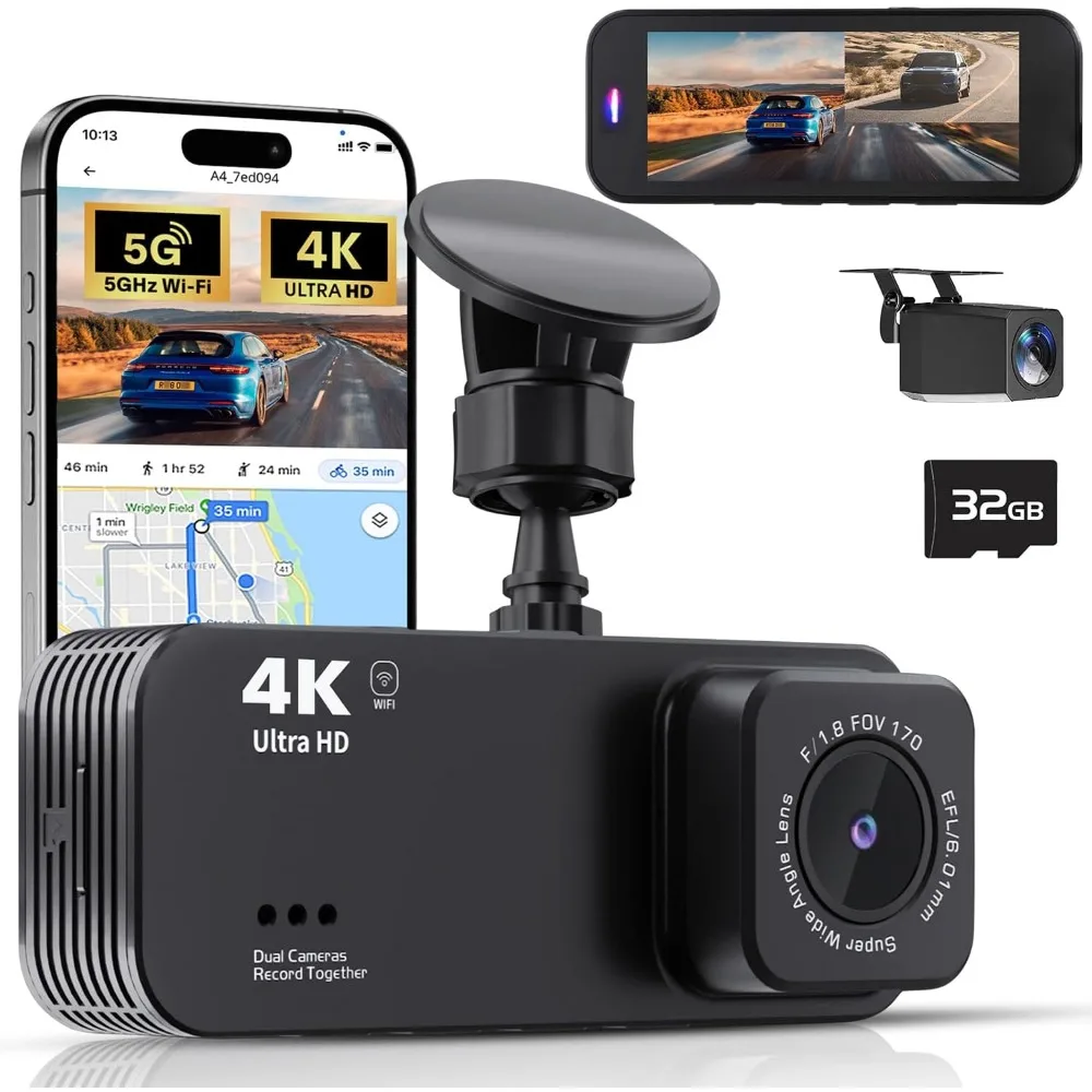 

Dash Cam Front and Rear, 4K+1080P Dual Dash Camera for Cars with 5G WiFi, Built-in 32GB Card, Night Vision, G-Sensor, 24H Parkin