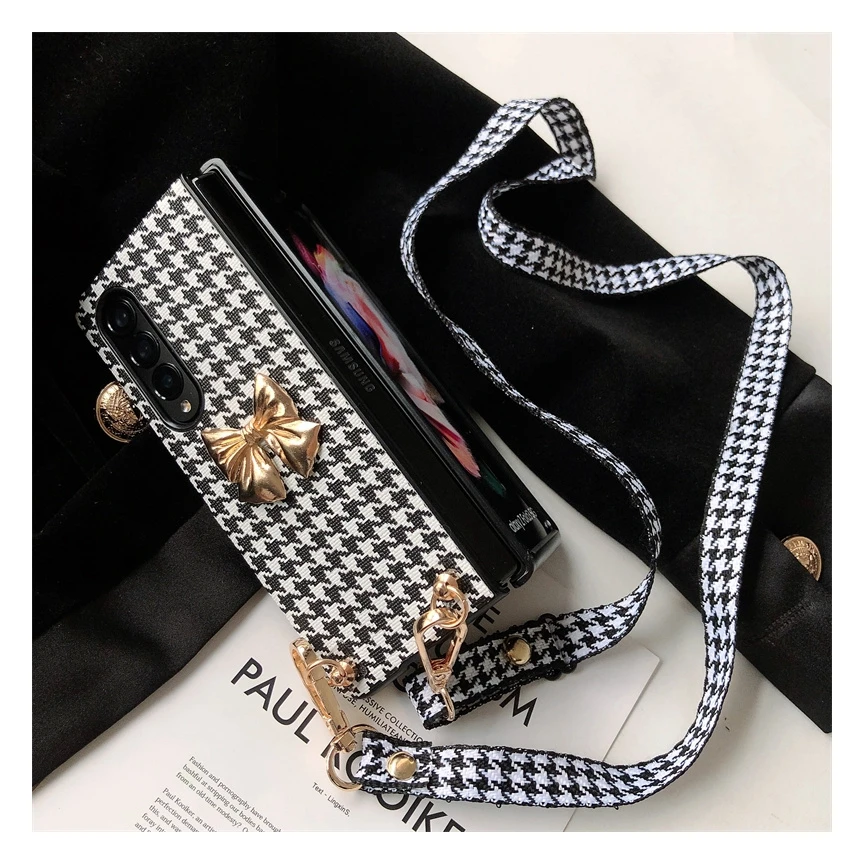 Luxury 3D Bow Houndstooth Phone Case For Samsung Galaxy Z Fold 6 5 4 3 2 5G Back Cover With Crossbody Rope for Woman Girl