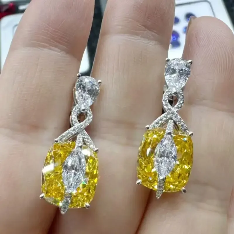 Bellux New Arrival Earrings S925 Silver Gold Plated Synthetic Square Yellow Diamond Sparkling Women‘s Earrings