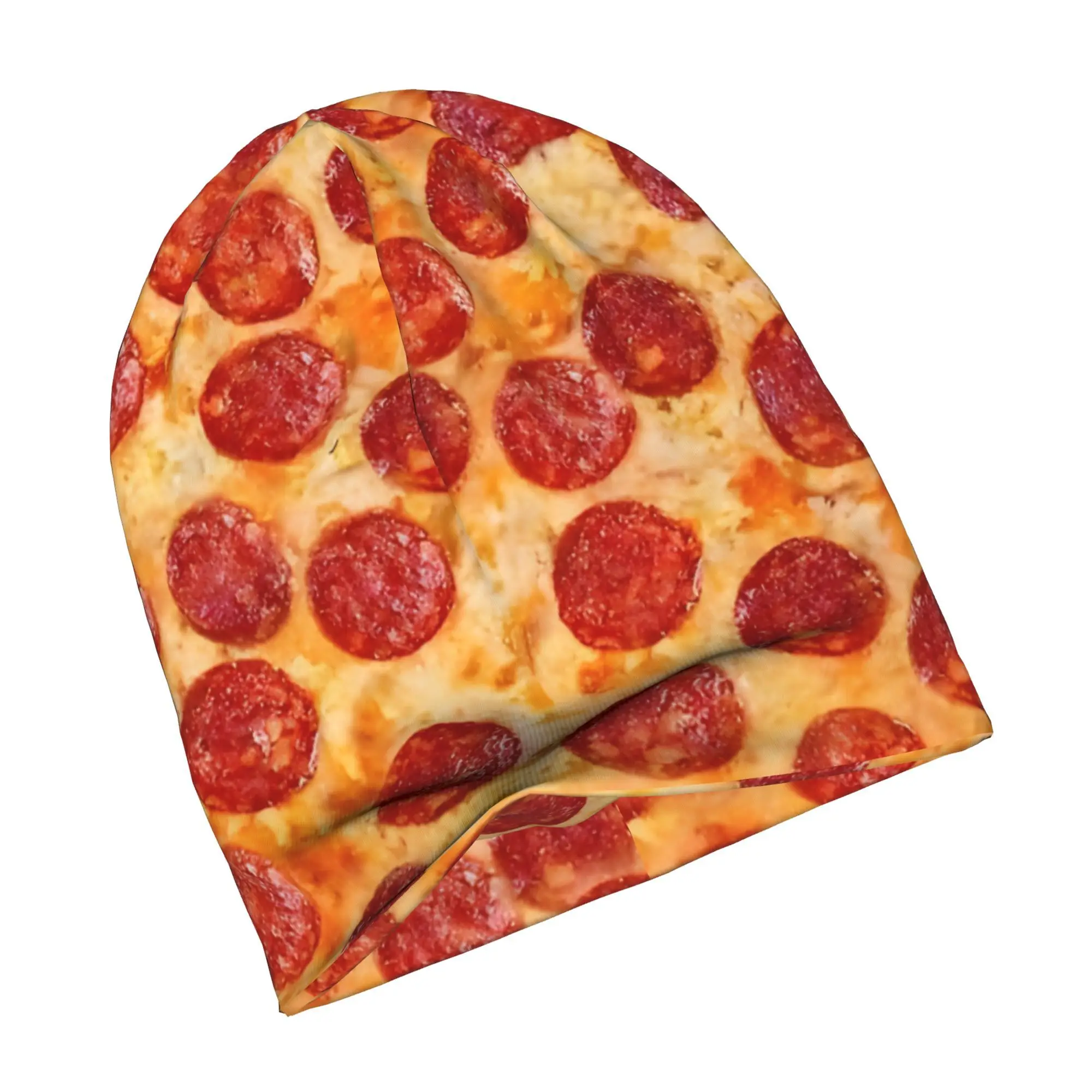 1pc Funny Pizza Print Beanie Hat with Salami Sausage Topping Soft Stretchable Lightweight Winter Cap Suitable for Men Women