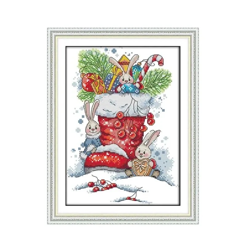 Christmas Cross Stitch Embroidery Kits 11 14CT The Rabbit in the Christmas Boots Patterns Counted Cross Stitch DIY handmade