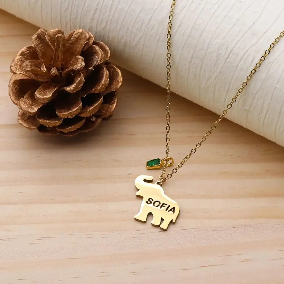 Todorova Custom Name Stainless Steel Elephant Necklace Elephant Charm Pendant Stainless Steel Chain Clavicle Collar Jewelry
