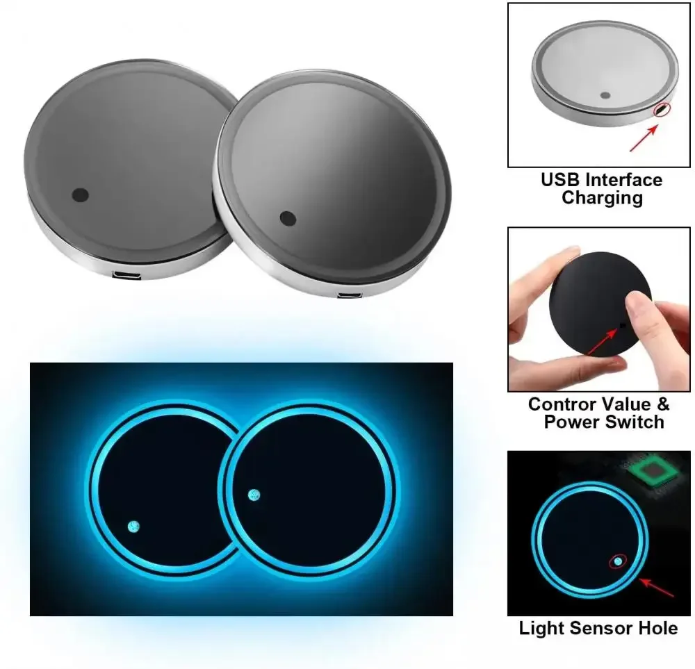 LED Auto-Getränkehalter-Beleuchtung Wasserdichte Getränkeuntersetzer mit 7 Farbwechseln USB-Aufladung Getränkeuntersetzer Auto-Innenausstattung – Detail 5