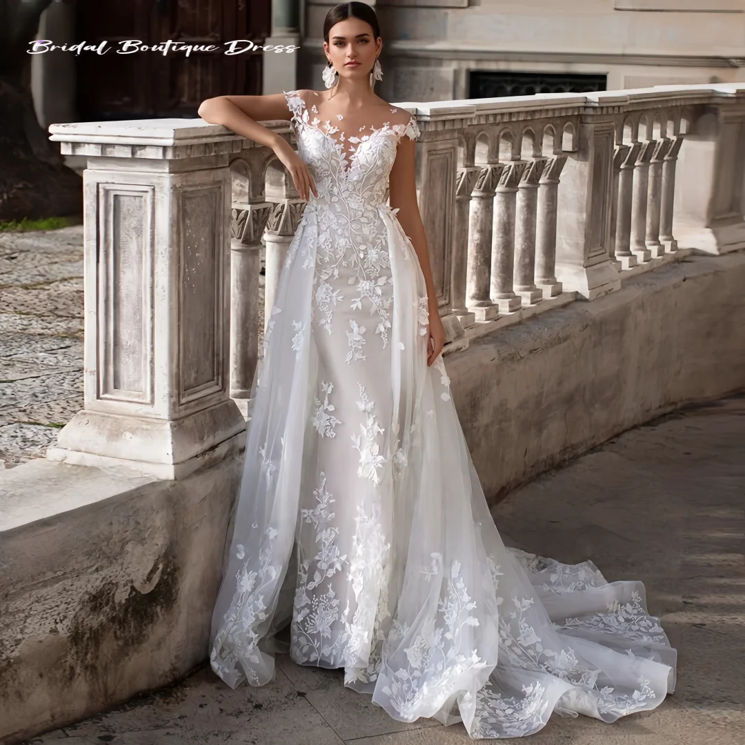 

Customized Exquisite Scoop Neck Backless Bride Sexy Mermaid Wedding Dresses Appliques Detachable Train Wedding Gown