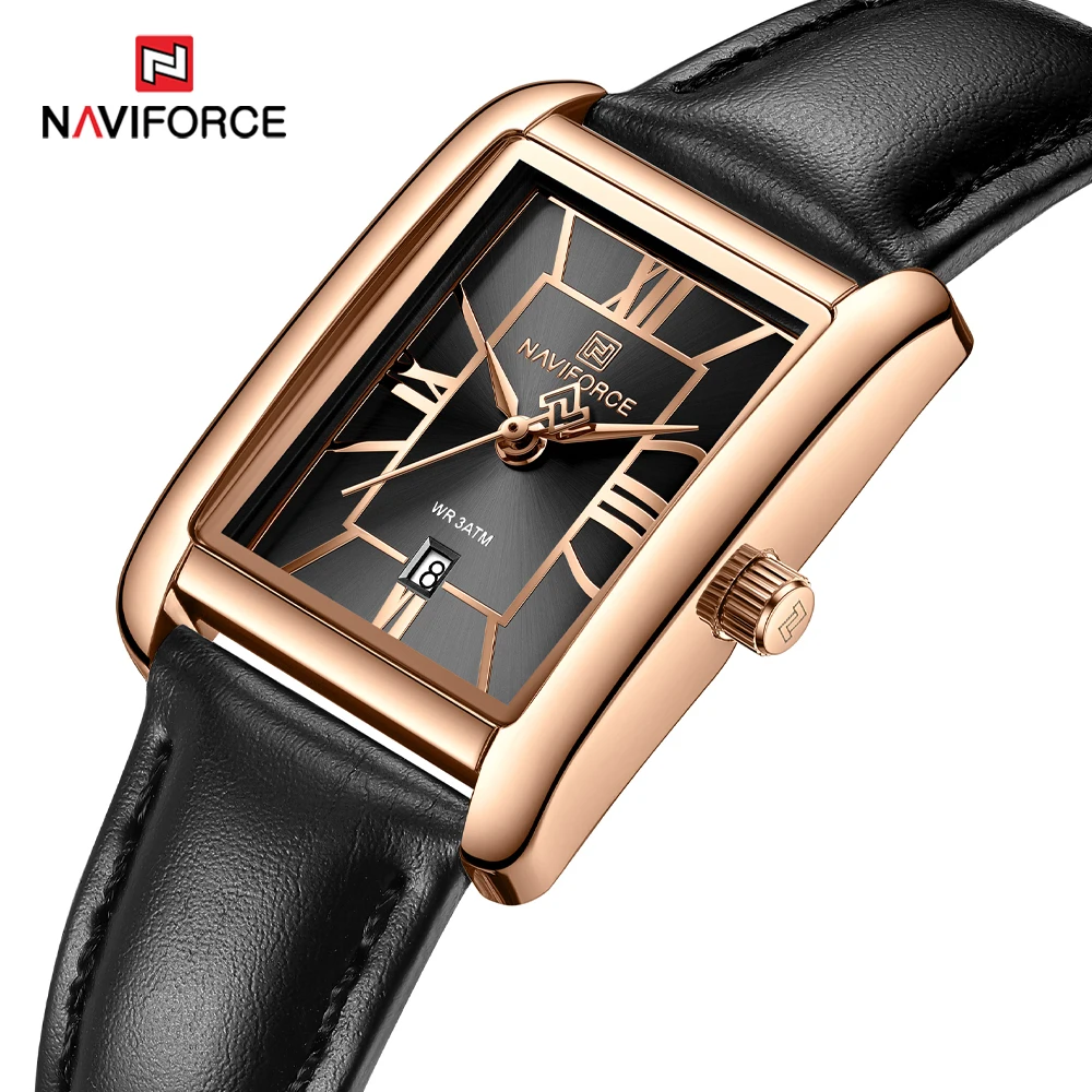 NAVIFORCE Women's Elegant Rectangle Quartz Watch Simple Casual Leather Band Wristwatch Fashion Daily Jewelry Gift for Ladies