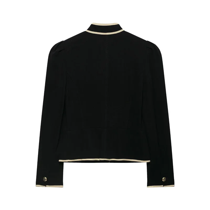 NINE ZAR Women's Short Jacket Coat with Stand Collar And Strap Buckle Decoration Long Sleeve Stripe Pattern Winter Outerwear