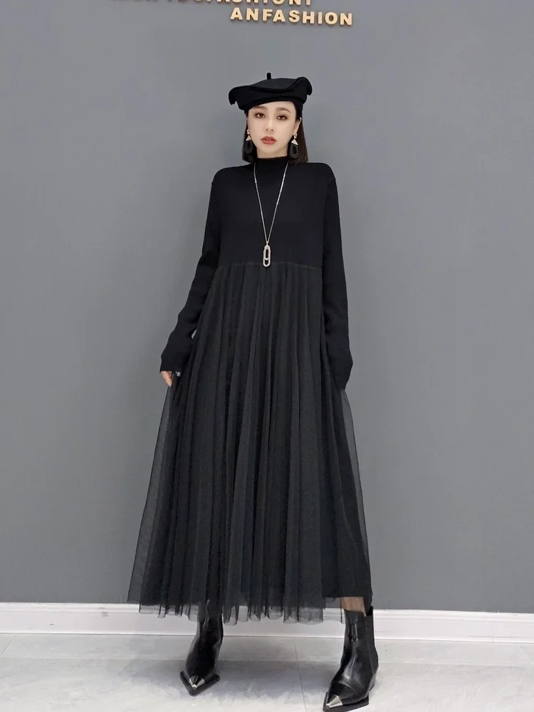 Women Long Sleeves Crew Neck Dress Loose Mid-length Solid Color Sweater Splicing Mesh Inside Dress 2024 Spring Autumn LHX1325