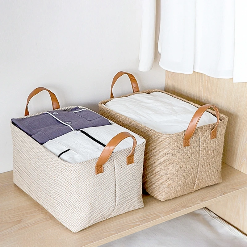 Jute Foldable Storage Basket Woven Storage Box Clothes Bins Cabinet Drawer Closet Organizer Sundries Toy Organizers Household