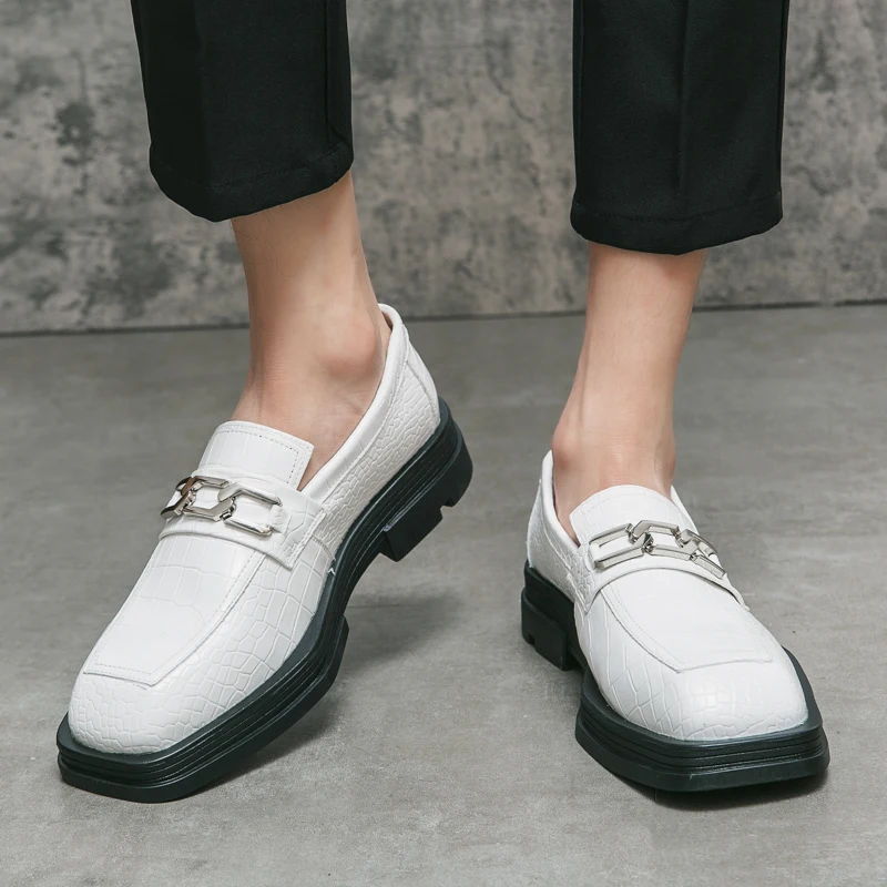 

Square headed men business formal wear casual loafers, metal thick sole height increasing British fashion office suit work shoes