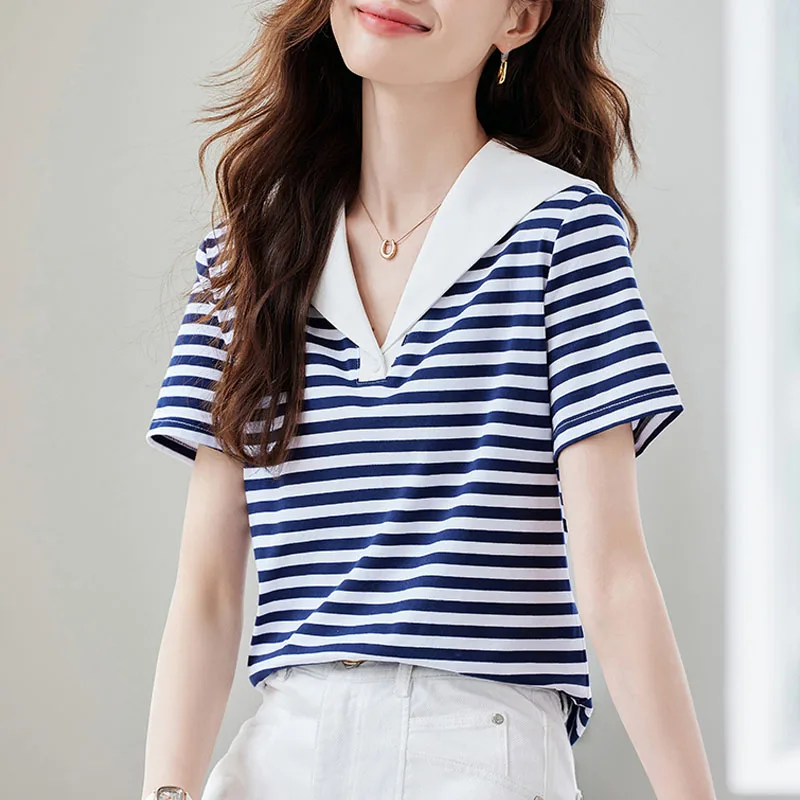 موضة الصيف قصيرة الأكمام بحار طوق المرأة تي شيرت تي شيرت مخطط المرأة بلايز Camisetas ملابس النساء الملابس التي شيرت XL307