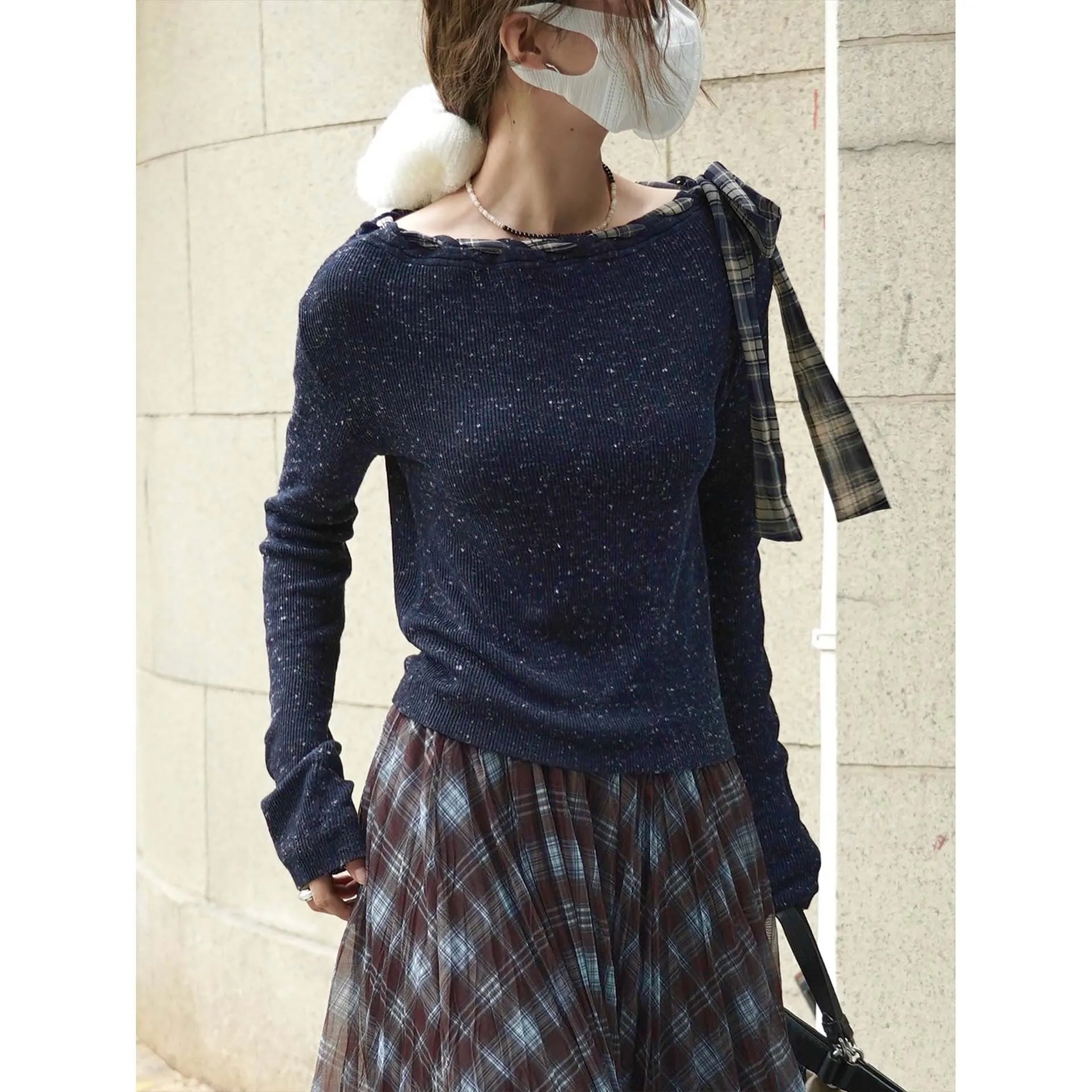 

Осенняя клетчатая футболка с завязками на шее, мягкий удобный свободный топ для женщин