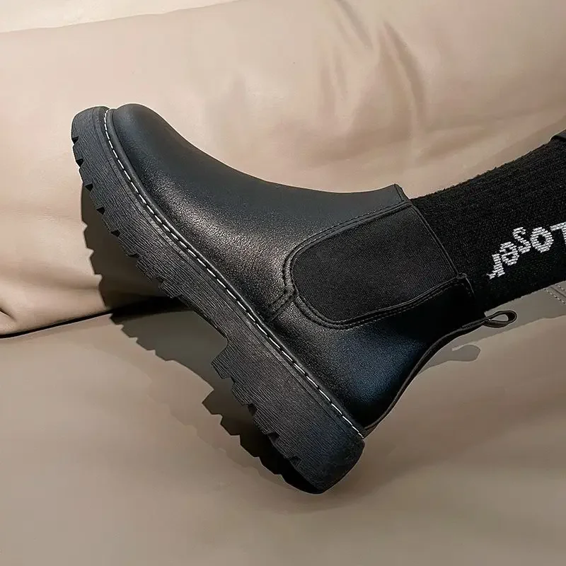 

Spring Autumn Winter Men's Black British Style Leather Chelsea Boots High Top Minimalist Work Wear Fleece Lined Mid Top Shoes