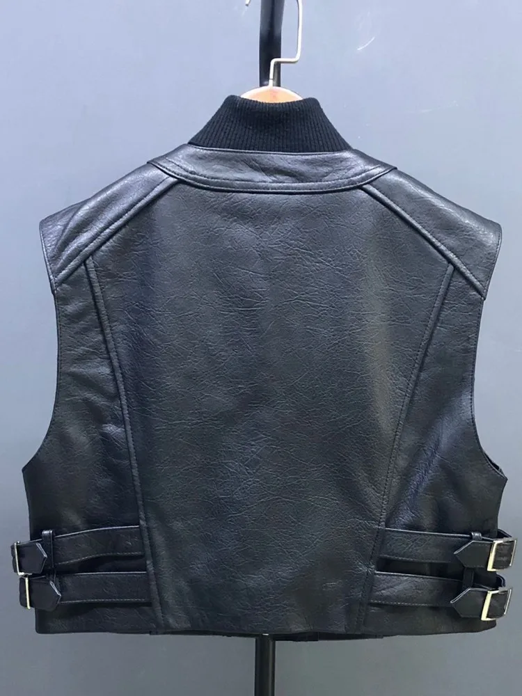 High Quality Ladies Solid Color V-Neck Leisure Style Genuine Leather Vest Handmade Zipper Sleeveless Loose Cowhide Outerwear