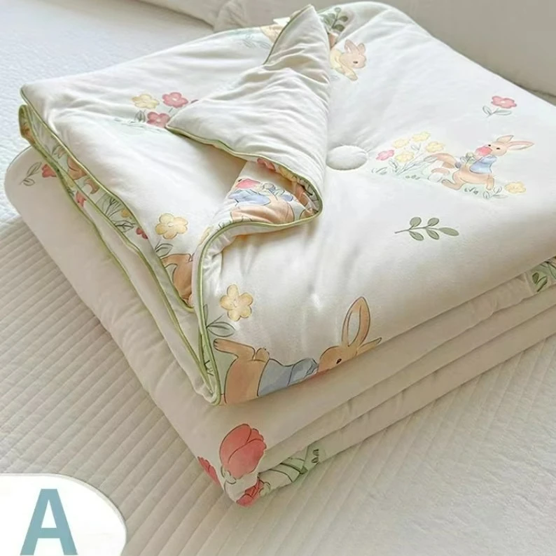 1Pcs Summer Quilt Cartoon Printed Knitted Cotton Soybean Fiber Kids Quilt Breathable Lightweight Air Conditioning Blanket