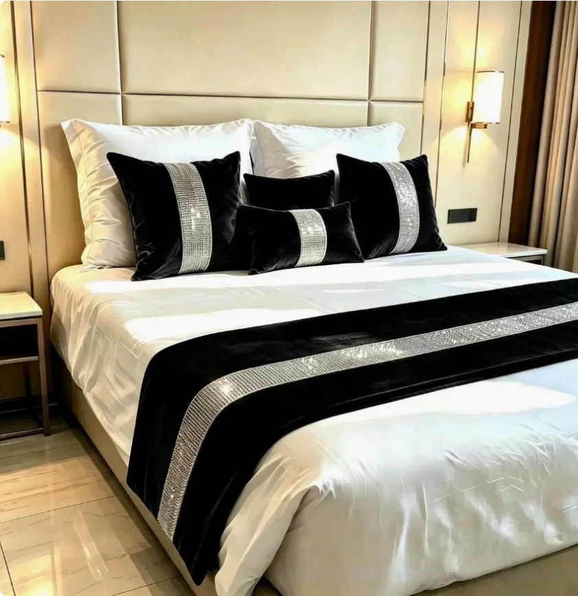 Luxury Velvet Bed Runner with Rhinestone Inlay, High‑End Bed Scarf for Hotel & Villa, Bed End Decor Home Wedding Decoration