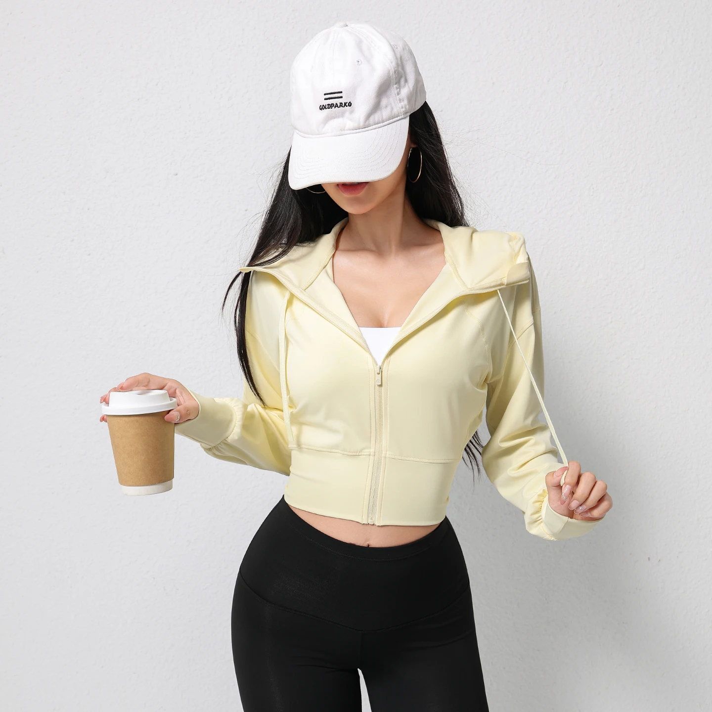 Damen Cropped Zip-Up Hoodie, locker sitzende Jacke mit langen Ärmeln, Kapuze und Kordelzug, lässige Yoga-Workout-Sportjacke