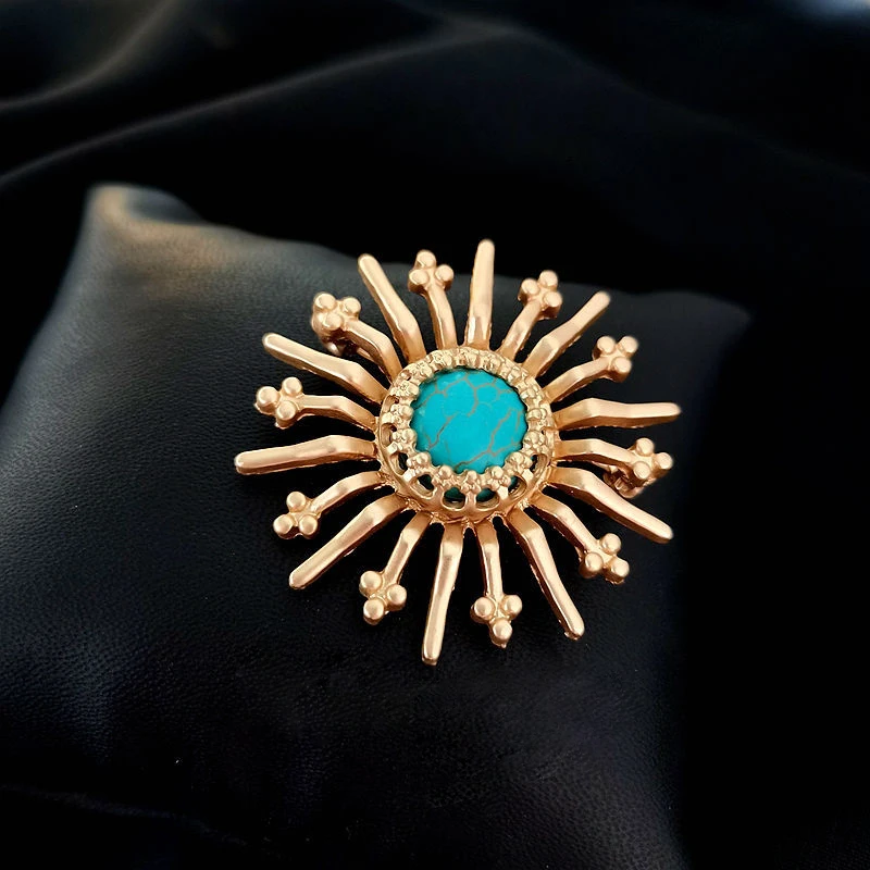 Vintage Jewelry Cloth Pin Accessories Matte Gold Color Sun Blue Resin Turquoise Brooch for Women