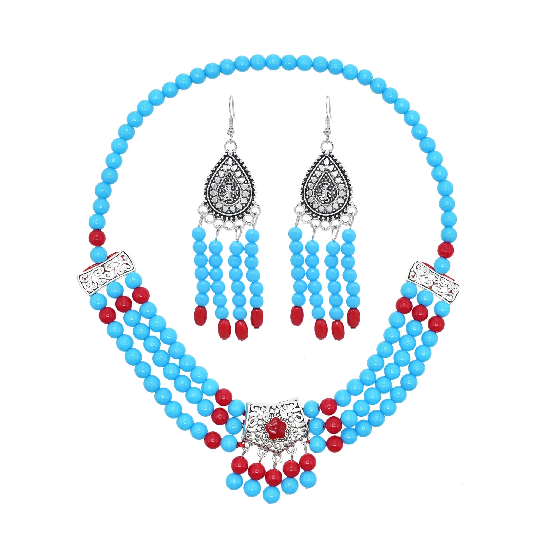 Red Blue Beads Necklace Earrings for Women Retro Bohemian Mongolian Tibetan Ethnic Tribal Costumes Dance Party  Jewelry Sets