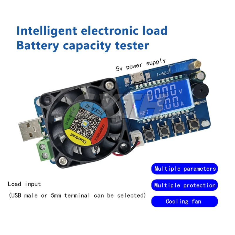 Battery Capacity Tester Temperature Controll Fan Electronic Load Current Calibration USB Power Detector Adjustable Resistor